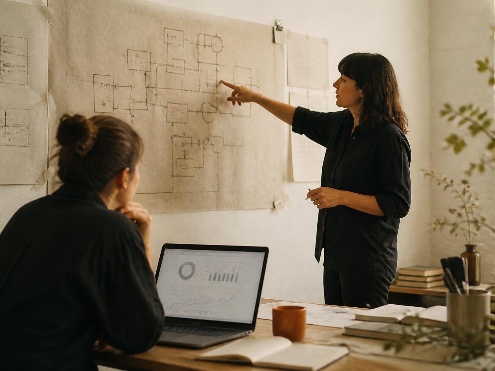 Two colleagues mapping how work moves through their company on a paper process diagram