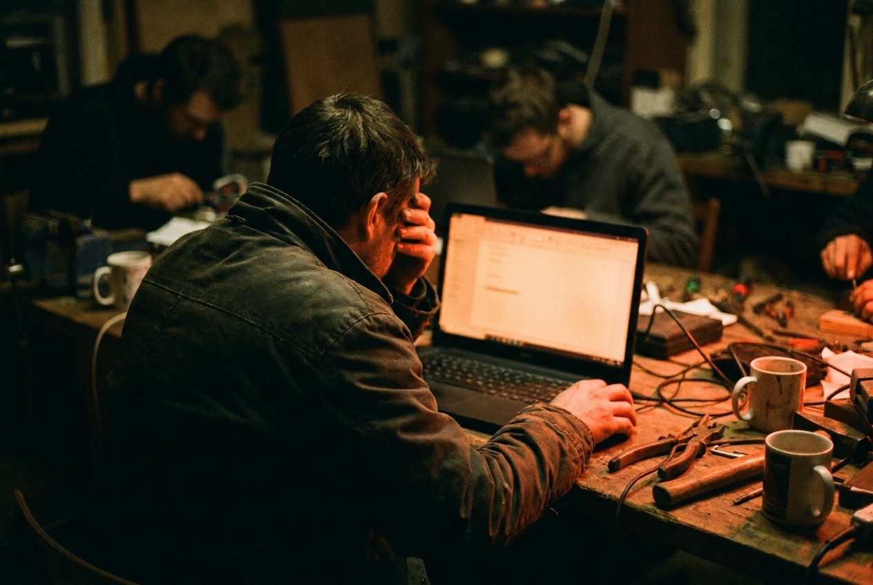 Over-the-shoulder view of an operator at a warm-lit workshop table, with others building in the dark background